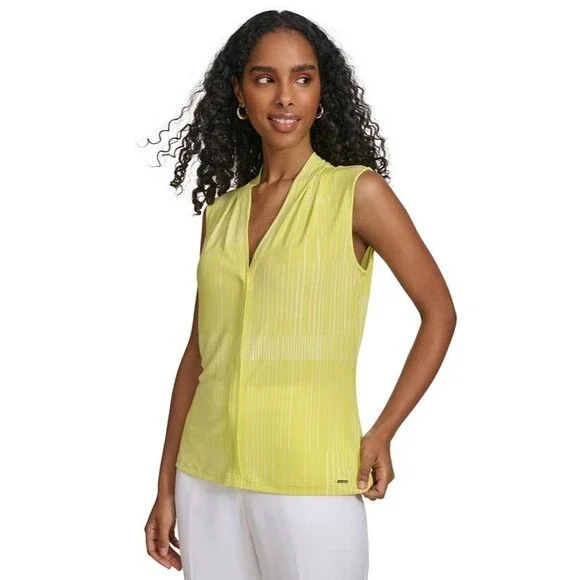 Calvin Klein Women's Pleated Geometric striped V-Neck Top Lime & White M - Picture 1 of 8